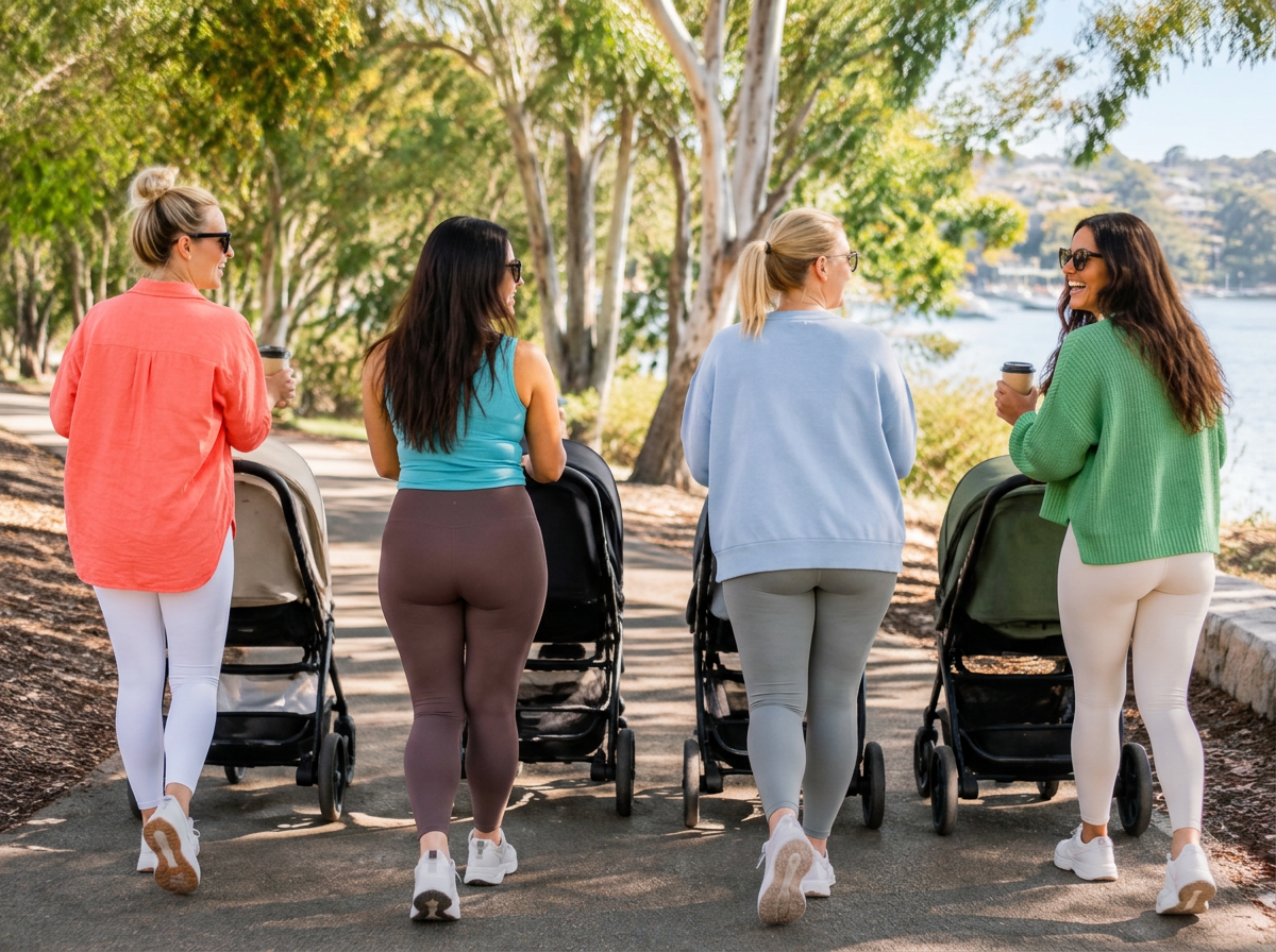 Mothers in colourful clothing sharing a sunny park walk with prams and coffees